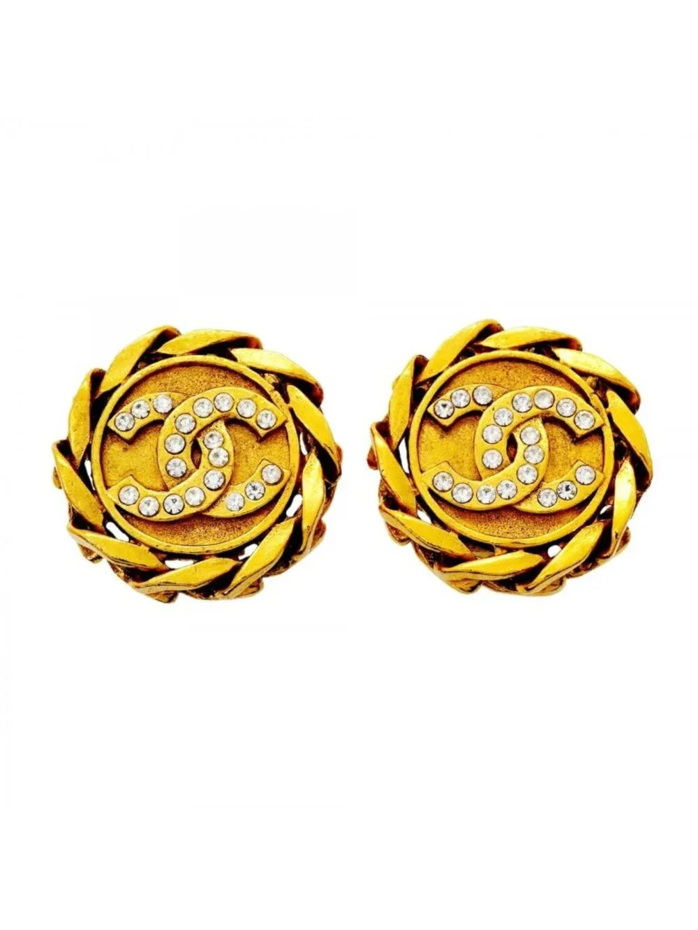 Chanel Earrings Vintage CC Logo Gold Plated Rhinestone